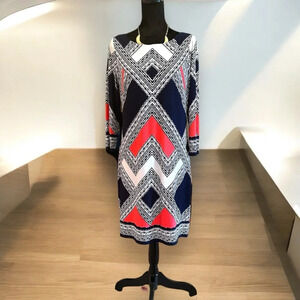 Vince Camuto Geometric Print Long Sleeve Shift Dress Navy Coral White Size 12
